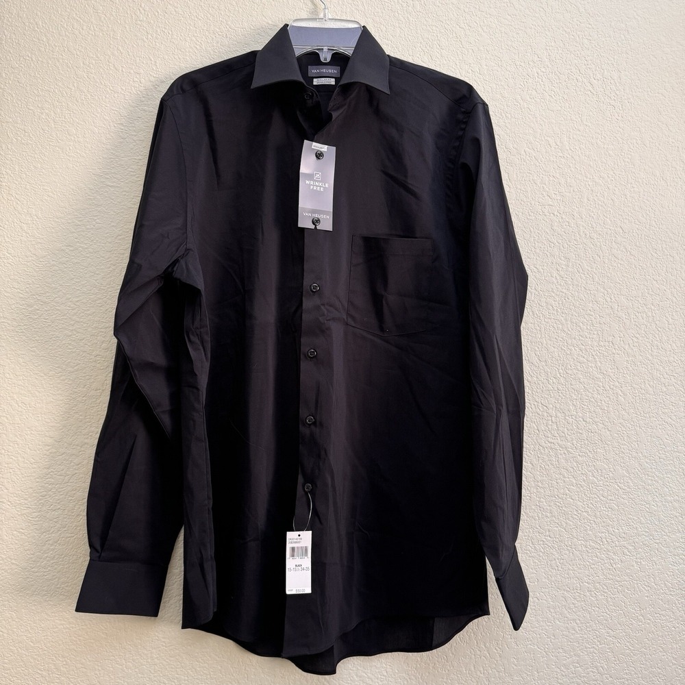 Van Heusen Dress Shirt Men M Black Regular Fit Wrinkle Free‎ Long Sleeve NWT New